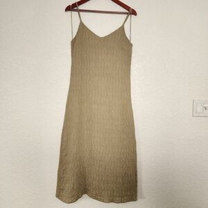 Mod Ref Beige Crinkled Midi Dress Size M Minimalist Neutral Side Zip Fitted